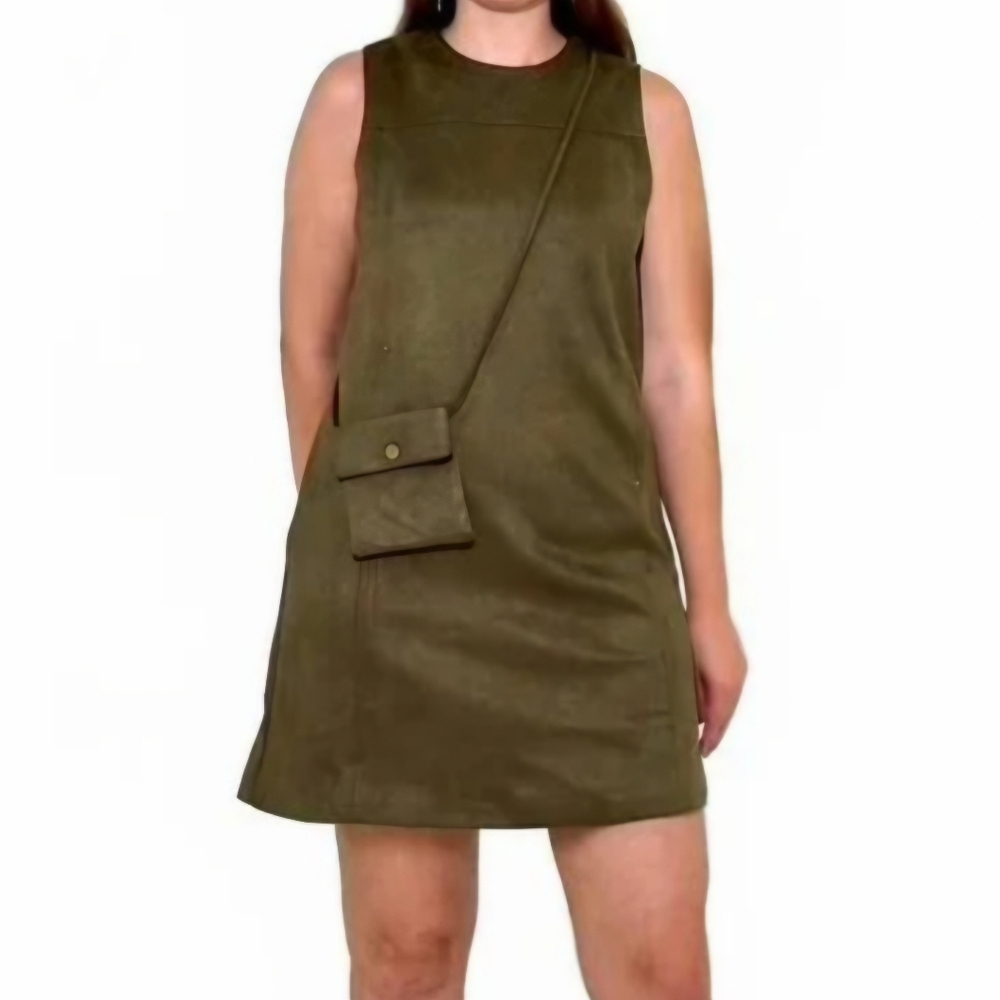 Lianlive Sleeveless Olive Mini Suede Like Dress